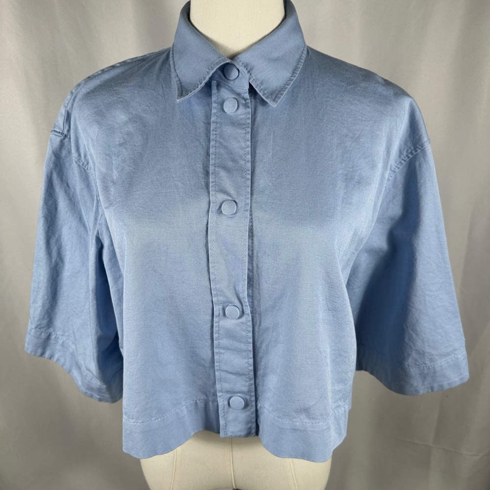 Zara Cotton Linen Blouse Women M Light Blue Cropped Short Sleeve Shirt Coastal